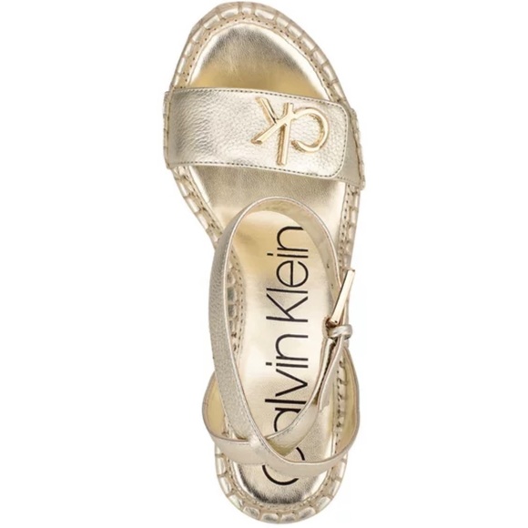 Calvin Klein Karla Gold Leather Espadrille Platform Wedge Slingback Sandals 9.5 - Picture 4 of 13